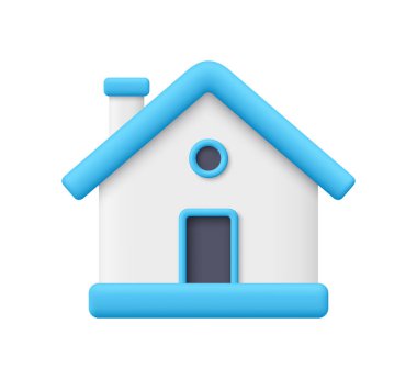 Mavi çatılı beyaz ev. Emlak, akıllı ev, ipotek konsepti. 3d vektör simgesi. Çizgi film biçimi.