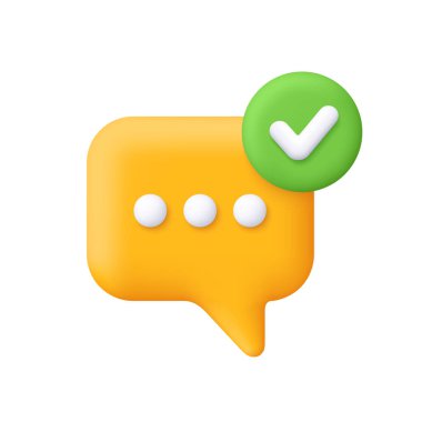 Yeşil işaretli sarı konuşma balonu. İletişim, onaylanmış mesajlar, mesajlaşma uygulamaları, müşteri hizmetleri, sohbet robotları ve güvenli iletişim konsepti. 3d vektör simgesi. Çizgi film biçimi.