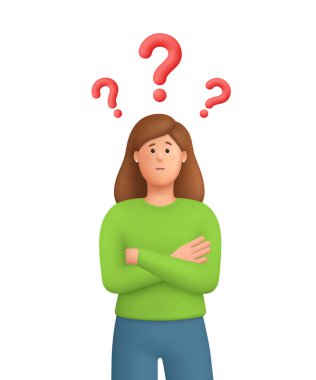 Şaşkın kadın Kate kollarını kavuşturmuş kırmızı soru işaretiyle bir çözüm düşünüyor. Seçim, problem çözme ve karar verme kavramı. 3d vektör insan karakteri. Çizgi film ahırı