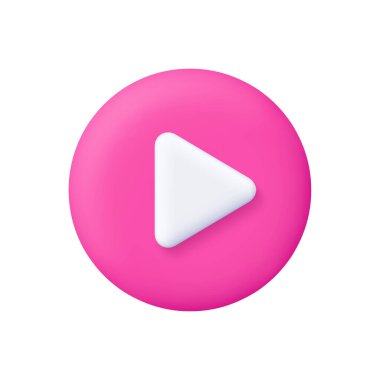 Pembe daire tuşunda beyaz oynatma tuşu. Multimedya, video içeriği, yayın platformları, kullanıcı arayüzleri ve eğlence konsepti. 3d vektör simgesi. Çizgi film biçimi.