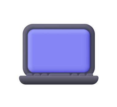 Siyah dizüstü bilgisayarı mor ekranlı. Teknoloji, uzaktan çalışma, eğitim ve dijital iletişim konsepti. 3d vektör simgesi. Çizgi film biçimi.