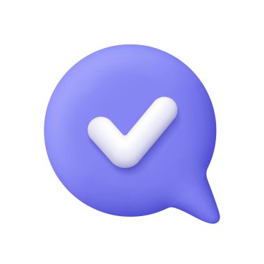 Beyaz işaretli mor renkli konuşma balonu. Bitti, evet ya da doğru işaret. Onaylama, doğrulama, tamamlanmış görev, onaylama ve kalite güvencesi kavramı. 3d vektör simgesi. Çizgi film biçimi.