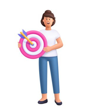 Genç gülümseyen kadın Jane pembe bir hedef tutuyor ve oklar merkeze saplanıyor. Başarı, hedef başarısı, odaklanma ve strateji konsepti. 3d vektör insan karakteri. Çizgi film biçimi.