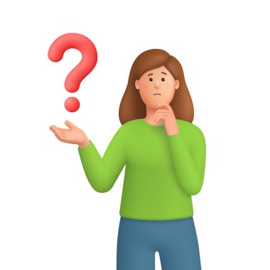 Confused woman Kate thinking in a thoughtful pose with question mark. Choice, problem solving concept. 3d vector people character. Cartoon minimal style.