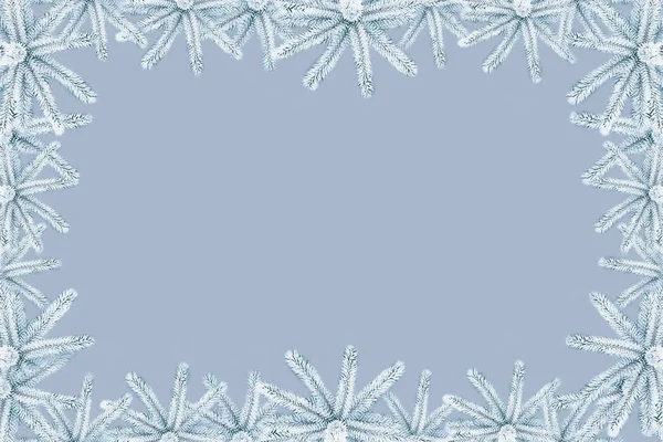 圣诞节背景与雪覆盖的灰色云杉在帆布与一个地方为题字 时尚的色彩校正 — 图库照片