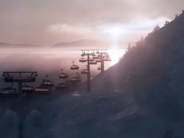 Utsikt över linbanan på bakgrunden av gryningen och bergen. — Stockfoto