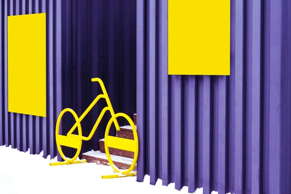 Yellow Shields Hang Garages Bicycle Stands Them Blocks Entrance Stairs — Zdjęcie stockowe