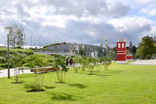 Lila çalılar ve parlak kırmızı Zaryadye Park'ta bina ile su kuyusu-damat bir çim görünümünü.