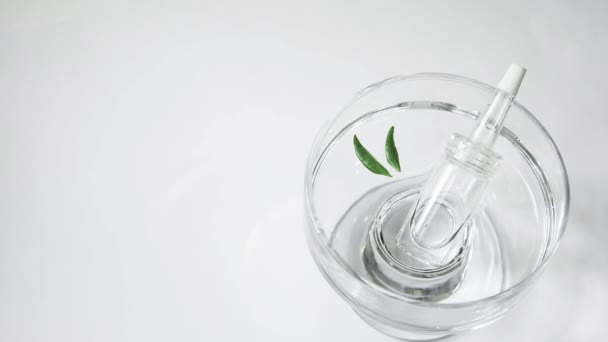 A glass bottle with a pipette filled with serum lies in a glass vessel with water and two leaves are floating next to it