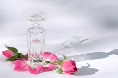 Güzellik konsepti. Bir şişe parfüm, gül yaprakları ve tomurcuklarla çevrili beyaz bir masanın üzerinde duruyor..