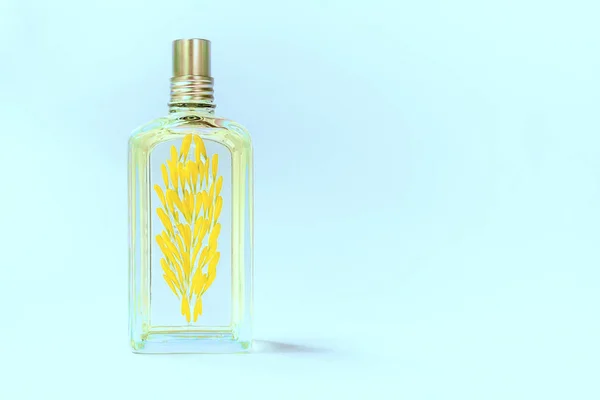 Átlátszó parfümös üveg kék háttérrel, sárga virágszirmokkal díszítve. — Stock Fotó