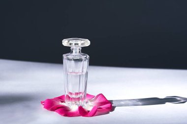 Güzellik konsepti. Bir şişe parfüm, siyah bir arka plan üzerinde gül yaprakları ve tomurcukları ile çevrili beyaz bir masa üzerinde duruyor