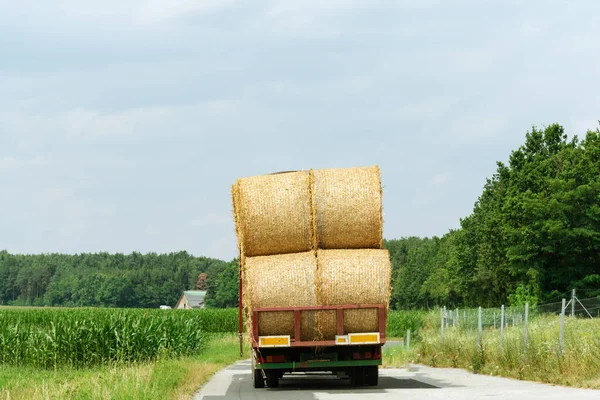 A tractor rides on a road amid fields and carries bales of hay for storage.