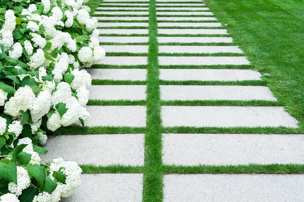 芝生のある天然石の庭の道の眺めと白いアジサイが成長します ランドスケープデザインの概念 — ストック写真