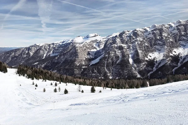 Vintern. Utsikt över spåret och de kala snötäckta klipporna i Dolomiterna med en skog vid foten av en skidort. — Stockfoto