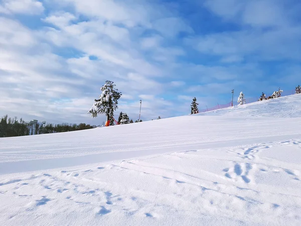 Veduta di una pista da sci deserta con un albero solitario contro un cielo soleggiato con nuvole . — Foto Stock