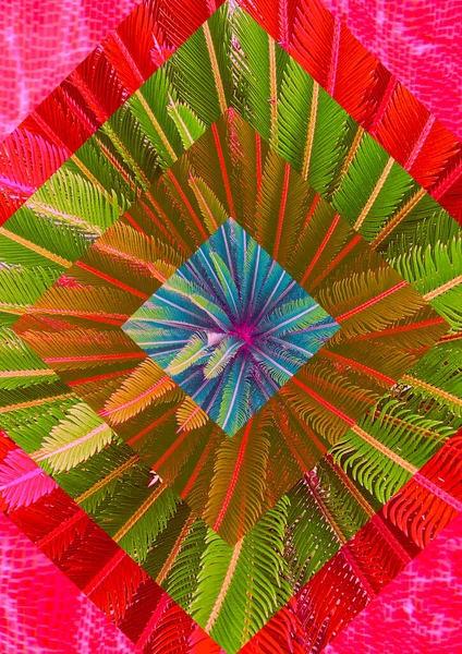 Современный коллаж. Геометрическая композиция с пальмами ярко-красного, синего и зеленого цветов. Концепция лета, тропики . — стоковое фото