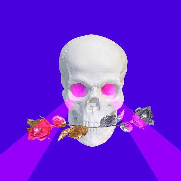 Contemporary Collage White Skull Roses Teeth Pink Laser Eyes Blue — Stock Photo, Image