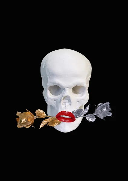 Colagem Contemporânea Crânio Branco Com Rosas Nos Dentes Lábios Vermelhos — Fotografia de Stock