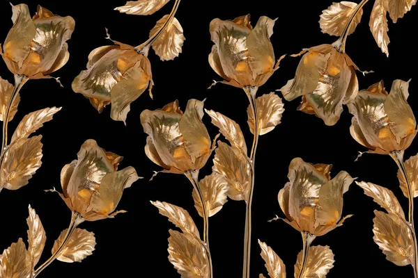 Současná koláž. Zlaté kovové růže na černém pozadí. — Stock fotografie