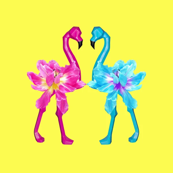 Zeitgenössische Collage. Rosa und blaue Flamingos auf gelbem Hintergrund. Das Konzept von Liebe, Beziehung, Urlaub. — Stockfoto