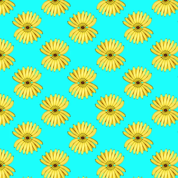 Απρόσκοπτη μοτίβο από ένα μάτσο κίτρινες μπανάνες σε μπλε φόντο. Η έννοια του φαγητού, καλοκαίρι. — Φωτογραφία Αρχείου