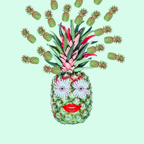 Collage contemporain. Ananas vert sous la forme d'un visage humain avec un sourire et des yeux de bananes. Concept d'été, personnes, abstraction. — Photo