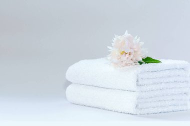 İki beyaz katlanmış terry havlu ve açık arkaplanda zarif pembe bir şakayık çiçeği.