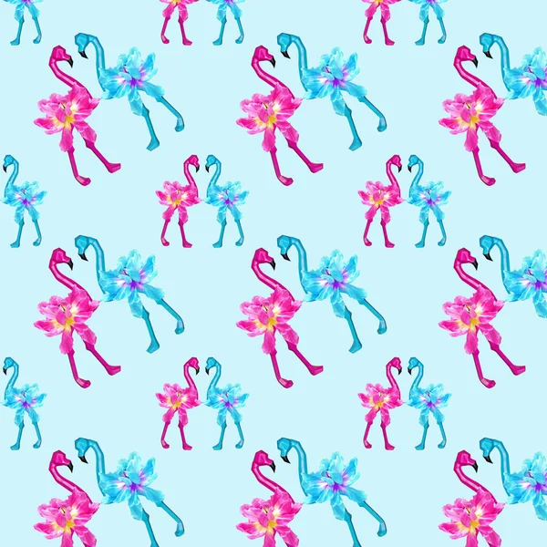 Płynny Wzór Różowych Niebieskich Flamingów Niebieskim Tle Koncepcja Miłości Wakacji — Zdjęcie stockowe