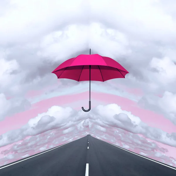 Contemporary Collage Red Umbrella Background Road Sky Clouds — Stock Photo, Image