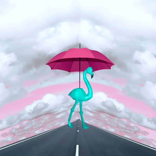 Kortárs Kollázs Egy Türkiz Flamingó Egy Vörös Esernyő Alatt Sétál — Stock Fotó