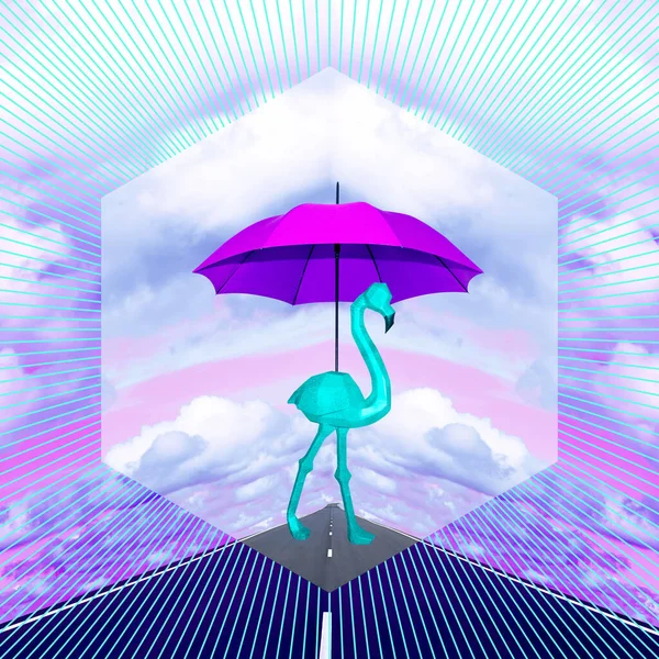 Сучасний Колаж Фламінго Під Фіолетовою Парасолькою Йде Під Дощем Вздовж — стокове фото