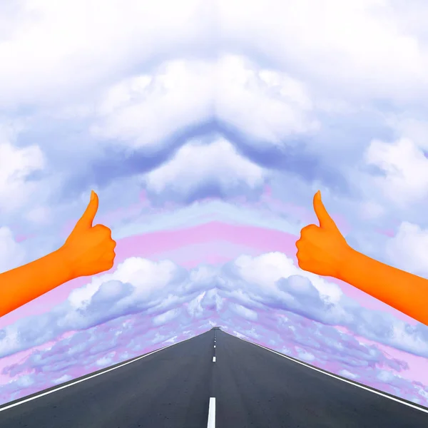 Contemporary collage. Two orange hands with a hitchhiking gesture against the background of the road and sky. Travel concept, abstraction, art. — Stock Photo, Image