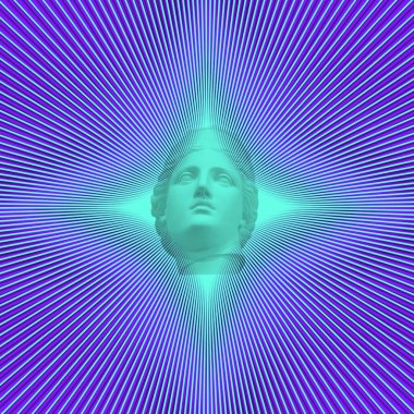 Çağdaş kolaj. Parlayan neon ışınlarının arka planına karşı antik mitolojik bir tanrıçanın heykeli. Sanat konsepti, insanlar