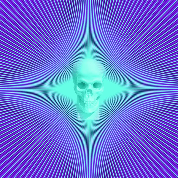 Contemporary Collage Illustration Sculpture Skull Background Glowing Neon Rays Art — Stock Photo, Image