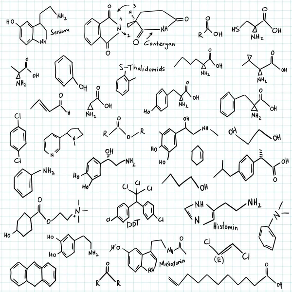 Fyzika chemie, soubor molekul struktur. Ručně nakreslené symboly — Stockový vektor