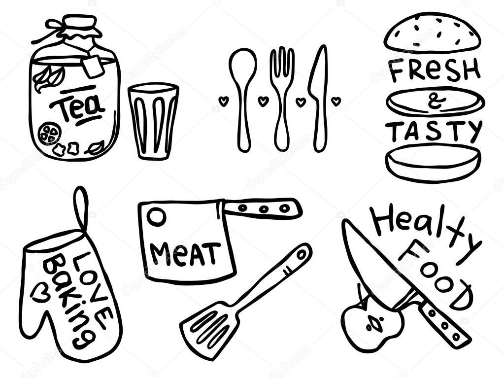 Set of hand drawn simple vector kitchen phrases about food and cute food illustrations in black and white. Prints for menu, restaurants or cafe, or separate elements. Ink, pen outline