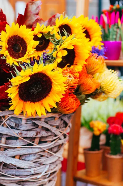 Beautiful sunflower, protea flower bouquet close up. Spotted on the flower market.