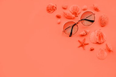 Mercan yaz moda flatlay degrade yuvarlak gözlüklü. Deniz kabukları ve deniz yıldızı ile dekore edilmiştir. Mükemmel kumsal için denizde tatil ayarla. Marina stili.