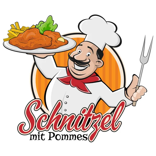 Chef Serving German Austrian Dish Schnitzel Mit Pommes — Stock Vector