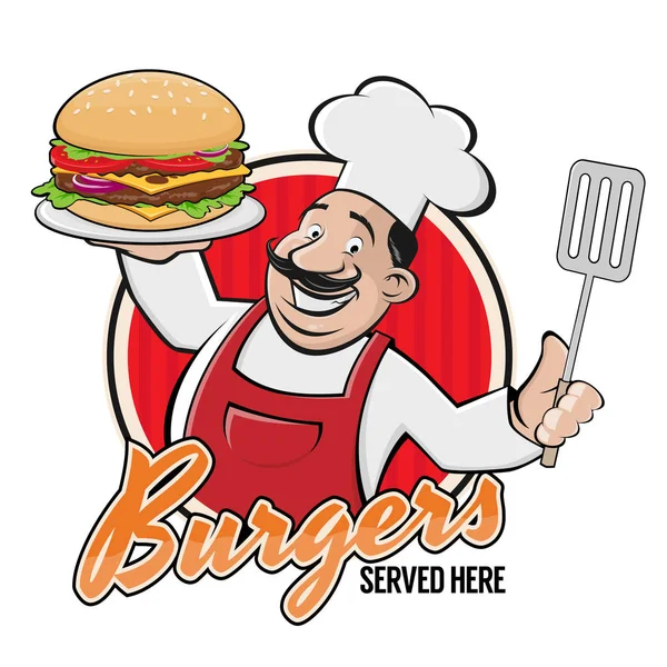 Happy Chef Serving Delicious Burger Sign — Stock Vector