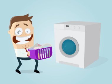 komik karikatür adam kirli çamaşır ve çamaşır makinesi