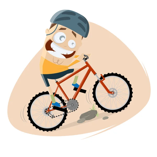 Divertido Hombre Dibujos Animados Está Montando Una Bicicleta Montaña — Vector de stock