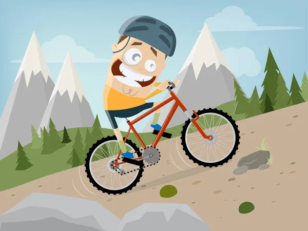 Funny Cartoon Man Riding Mountain Bike Landscape Background — Stock Vector