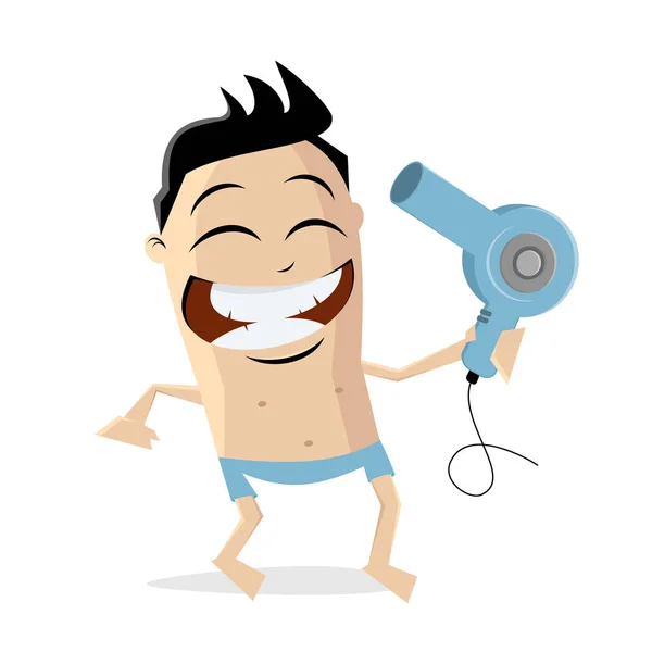 Funny Cartoon Man Using Hair Dryer — Stock Vector