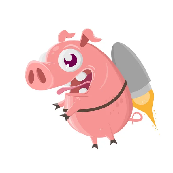 Divertido Cerdo Dibujos Animados Volando Con Jetpack — Vector de stock