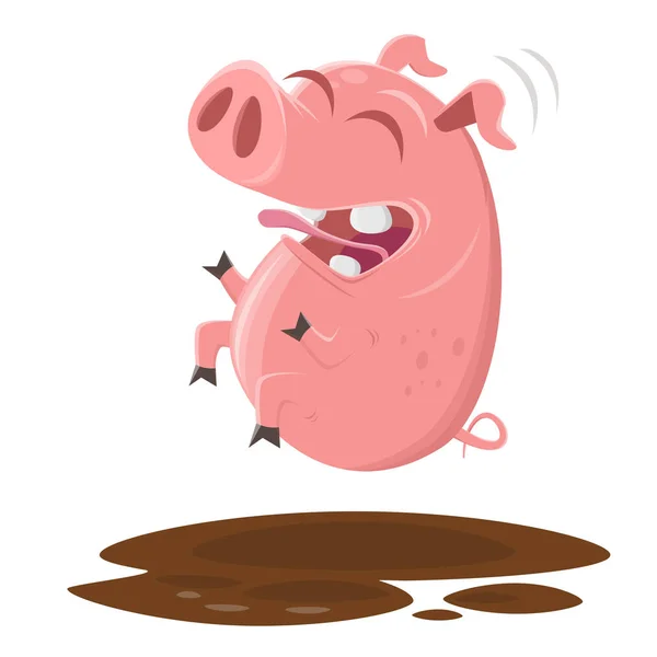 泥の水たまりに飛び込む面白い豚 — ストックベクタ