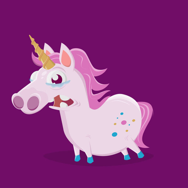 funny cartoon illustration of a sad unicorn 