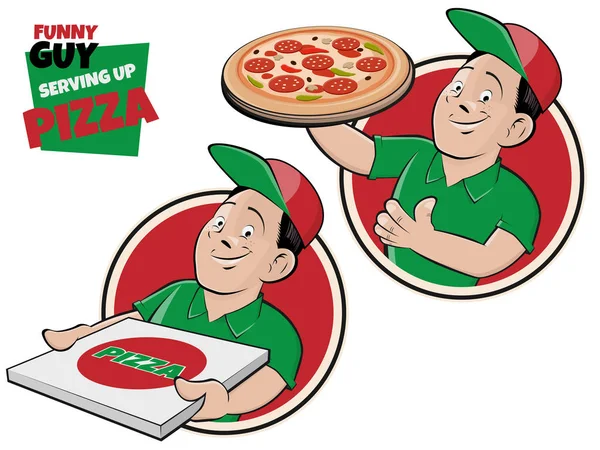 Funny Cartoon Guy Serving Pizza Sign — ストックベクタ