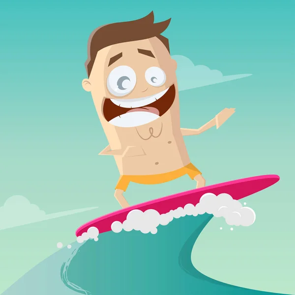 Divertente Illustrazione Del Cartone Animato Uomo Surf — Vettoriale Stock